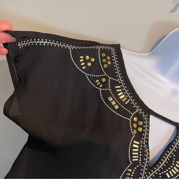 Mi Ami Black Chiffon Blouse w/ Gold Embellishments S - Picture 4 of 13